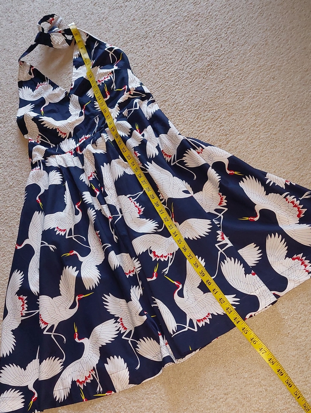 Unique Vintage Halter Crane Button Navy White Midi Dress Sz L - Picture 13 of 15